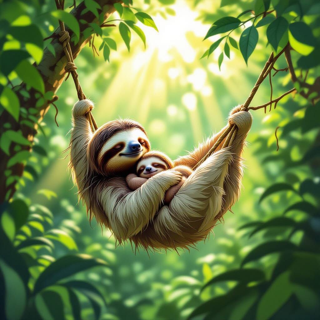Mother Sloth and Baby in Lush Jungle Sunlight