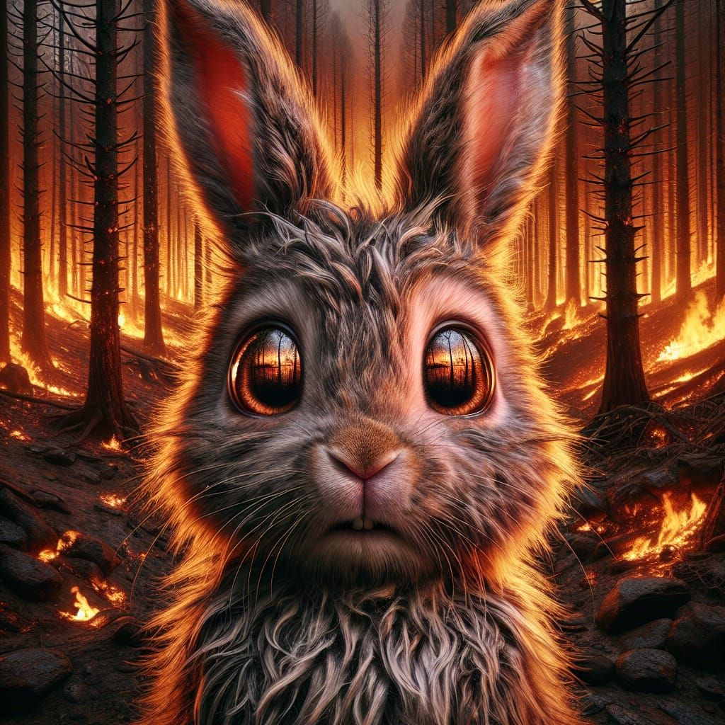Frightened Bunny Reflects Burning Forest in Digital Art