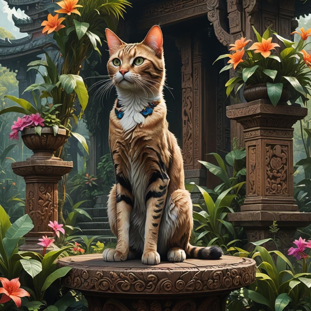 Javanese Cat in Mystical Javanese Temple, Digital Art