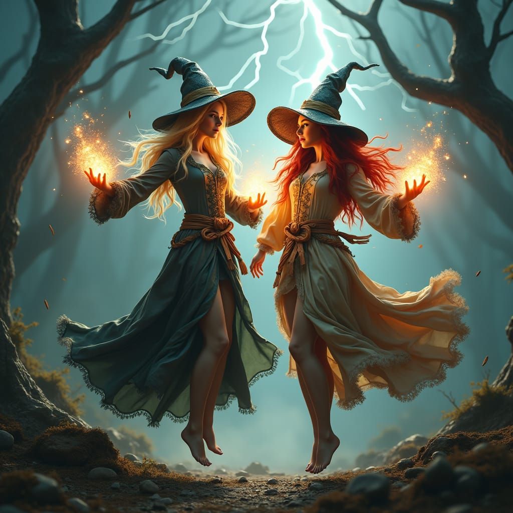 Twin Witches Conjuring Magic in Hyperrealistic Detail