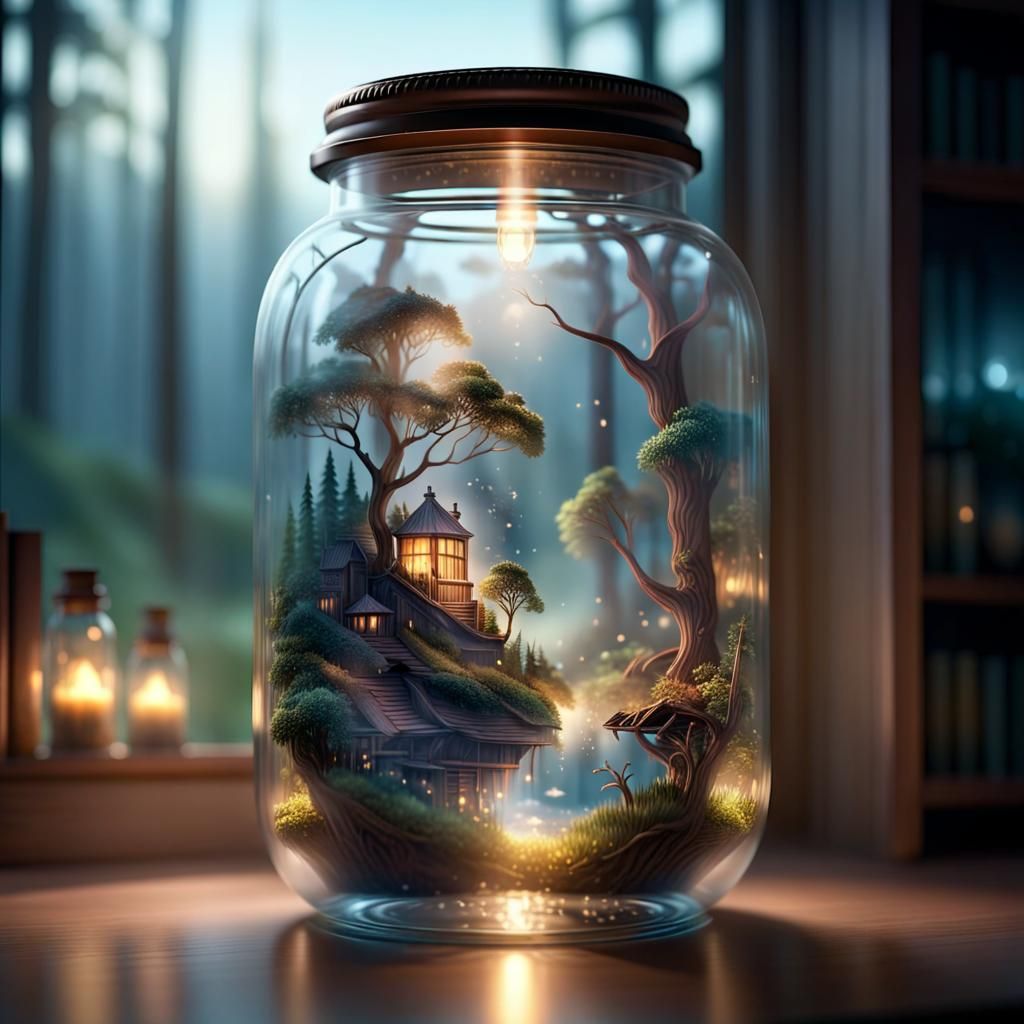 Magical Landscape Inside Glass Jar, Hyperrealistic