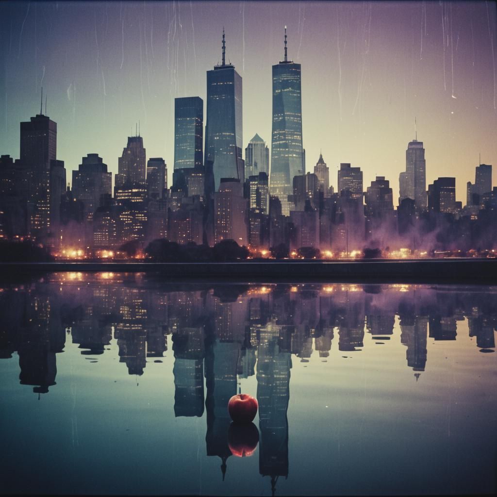 Surreal Apple Reflects Manhattan Skyline in Film Noir