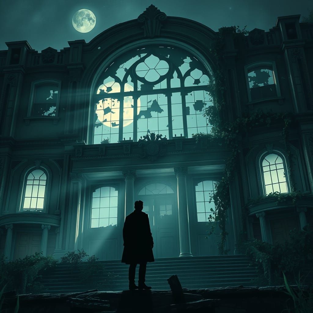 Abandoned Art Deco Theater Facade Under Moonlight