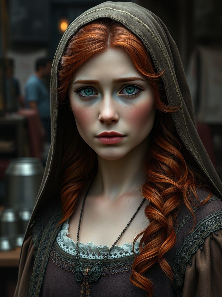 Medieval Maiden's Concern in Bustling Market