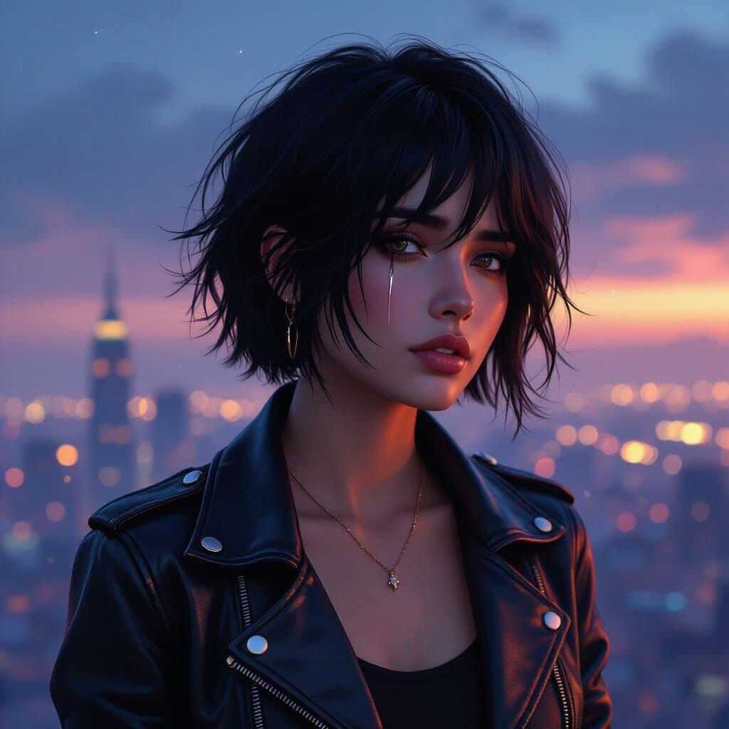 Woman in Cityscape Silhouette with Dramatic Lighting