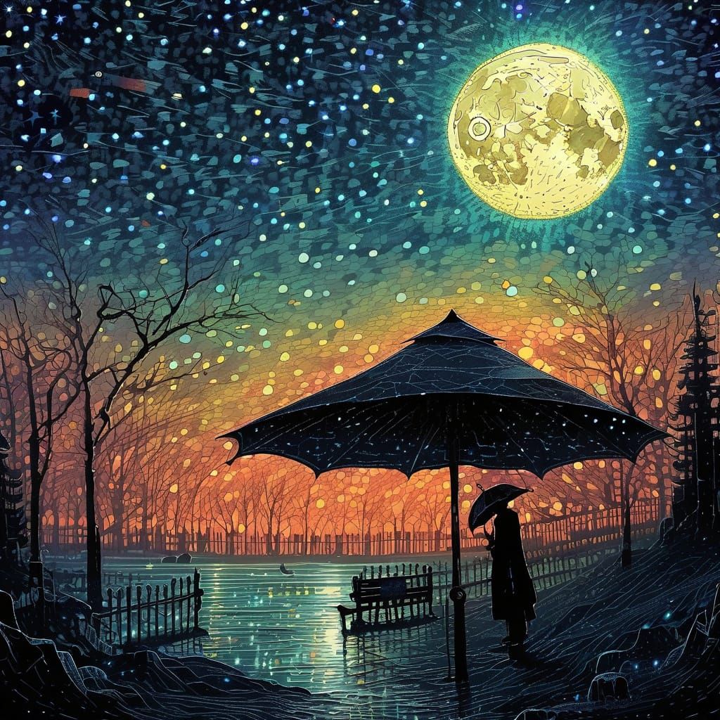 Macabre Moonlit Umbrella Under Starry Night Sky