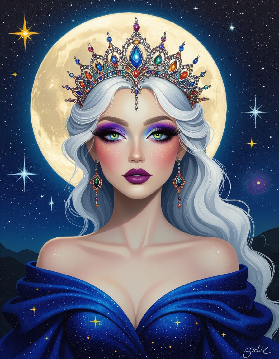 Cosmic Enchantress Portrait in Post-Impressionistic Style