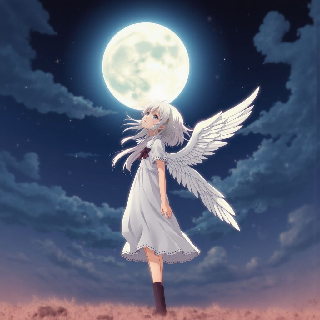 Anime Angel Girl Gazing at the Moon