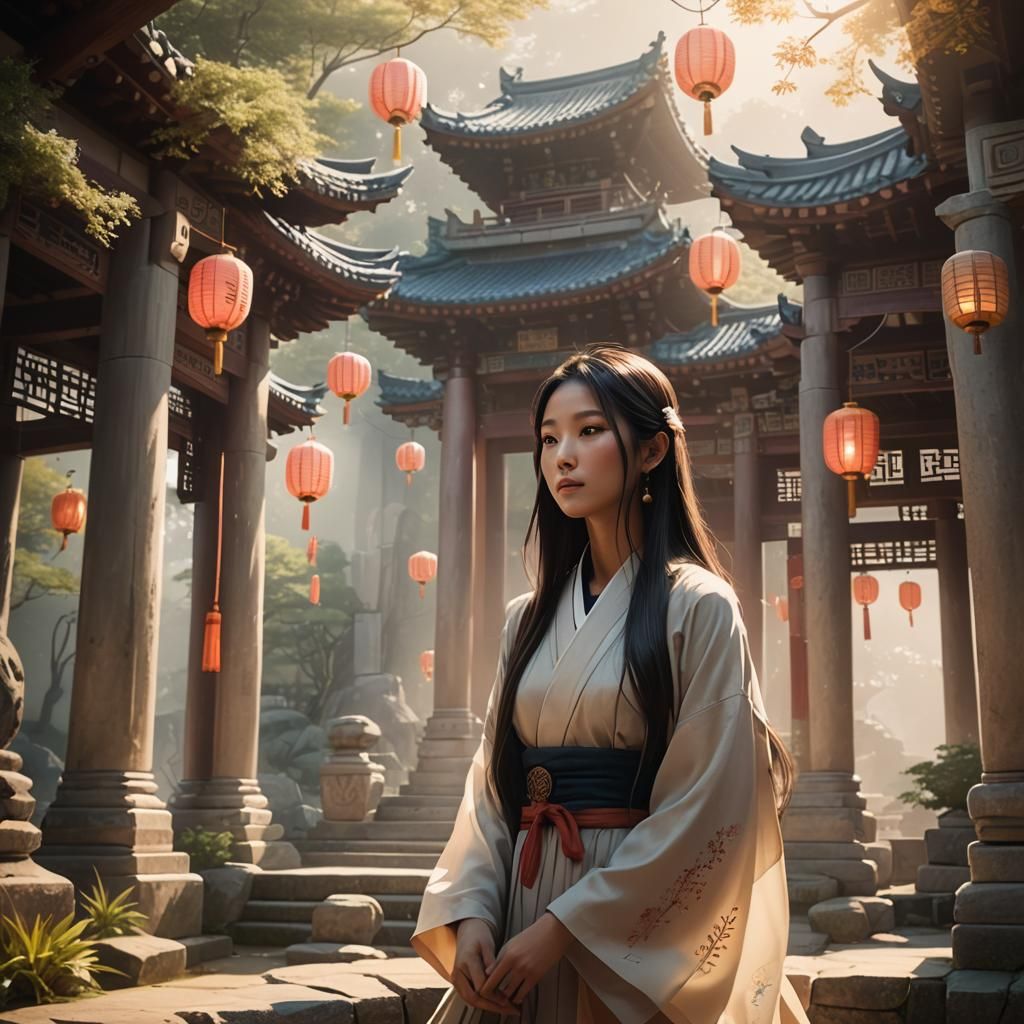 Korean Girl in Serene Temple, Anime-Inspired Art