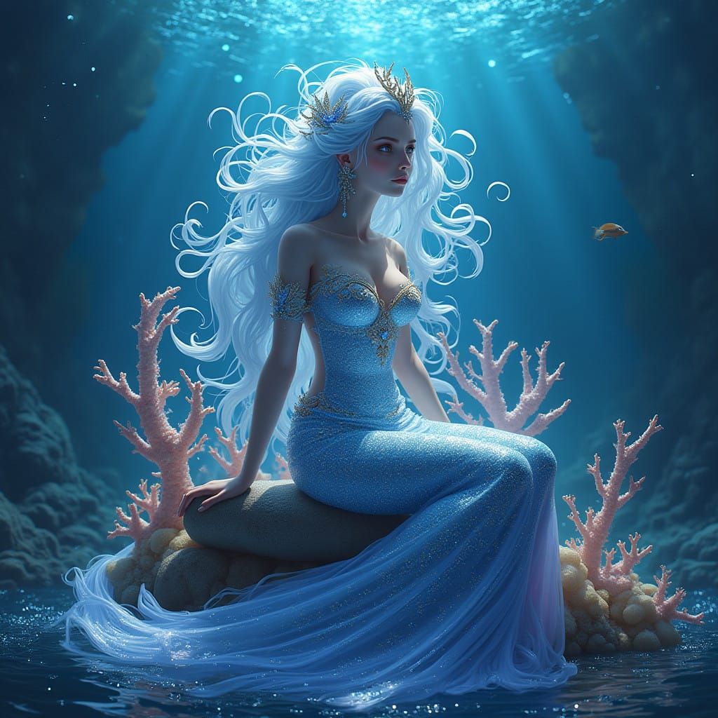 Sea Princess in Glowing Coral Throne, Oceanic Fantasy Scene