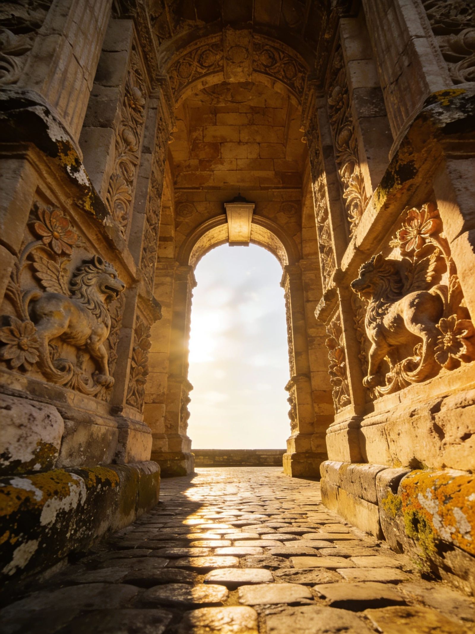 Historic Stone Archway with Lion Motifs in Golden Hour Light
