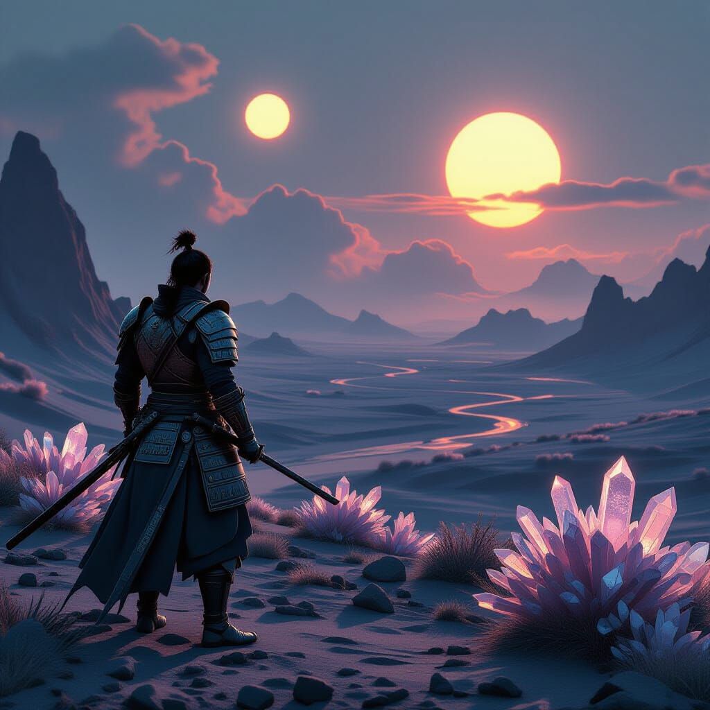 Samurai Warrior on Alien Planet, Two Suns Setting