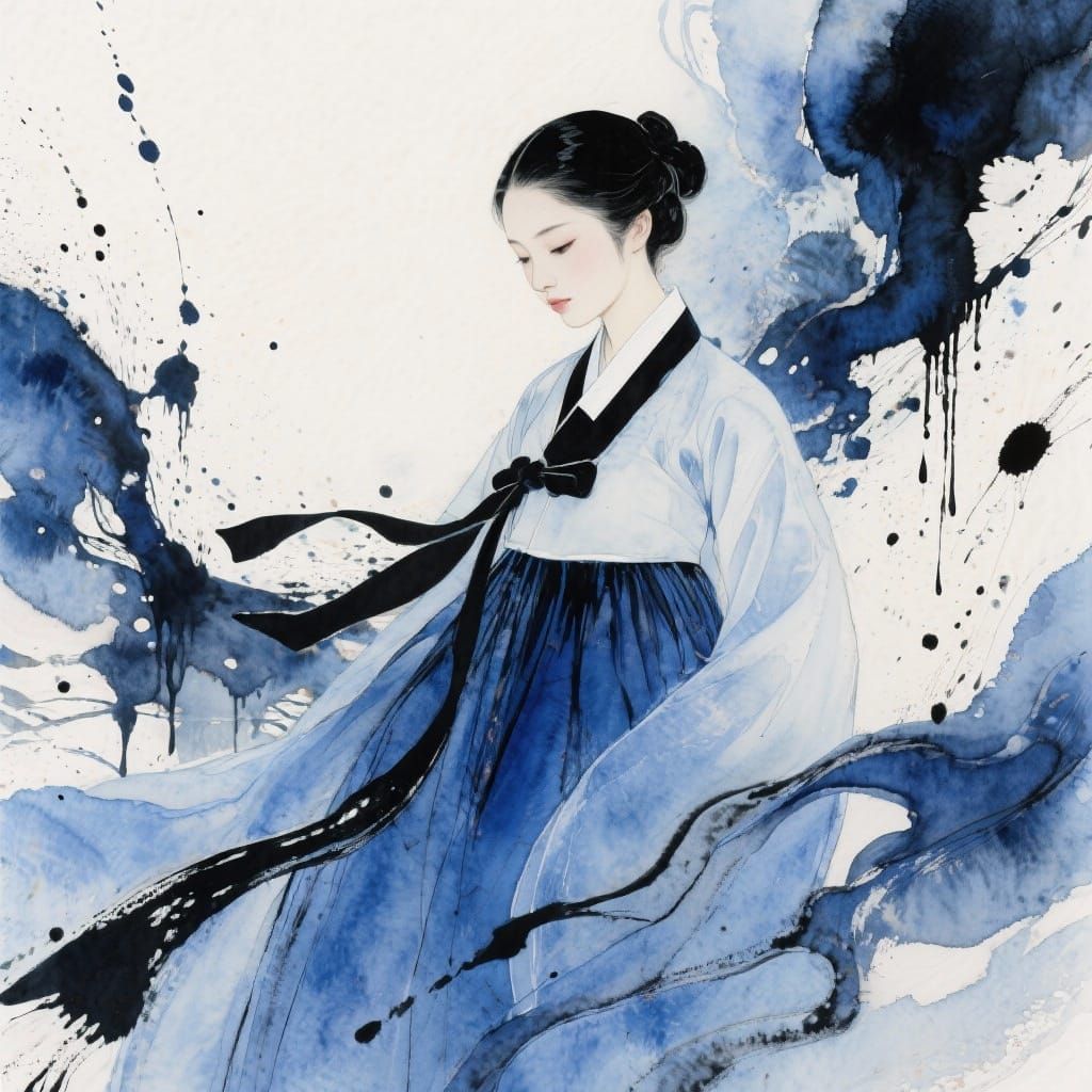 Elegant Woman in Flowing Hanbok, Surreal Ink and Watercolor ...