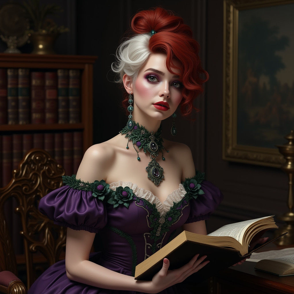 Victorian Woman with Baroque Jewelry and Egyptian Library