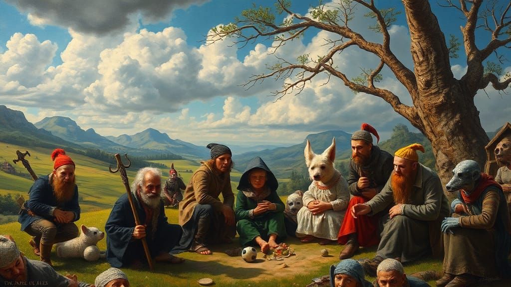 Fantastical Landscape with Retro Game Characters, Oil Painti...