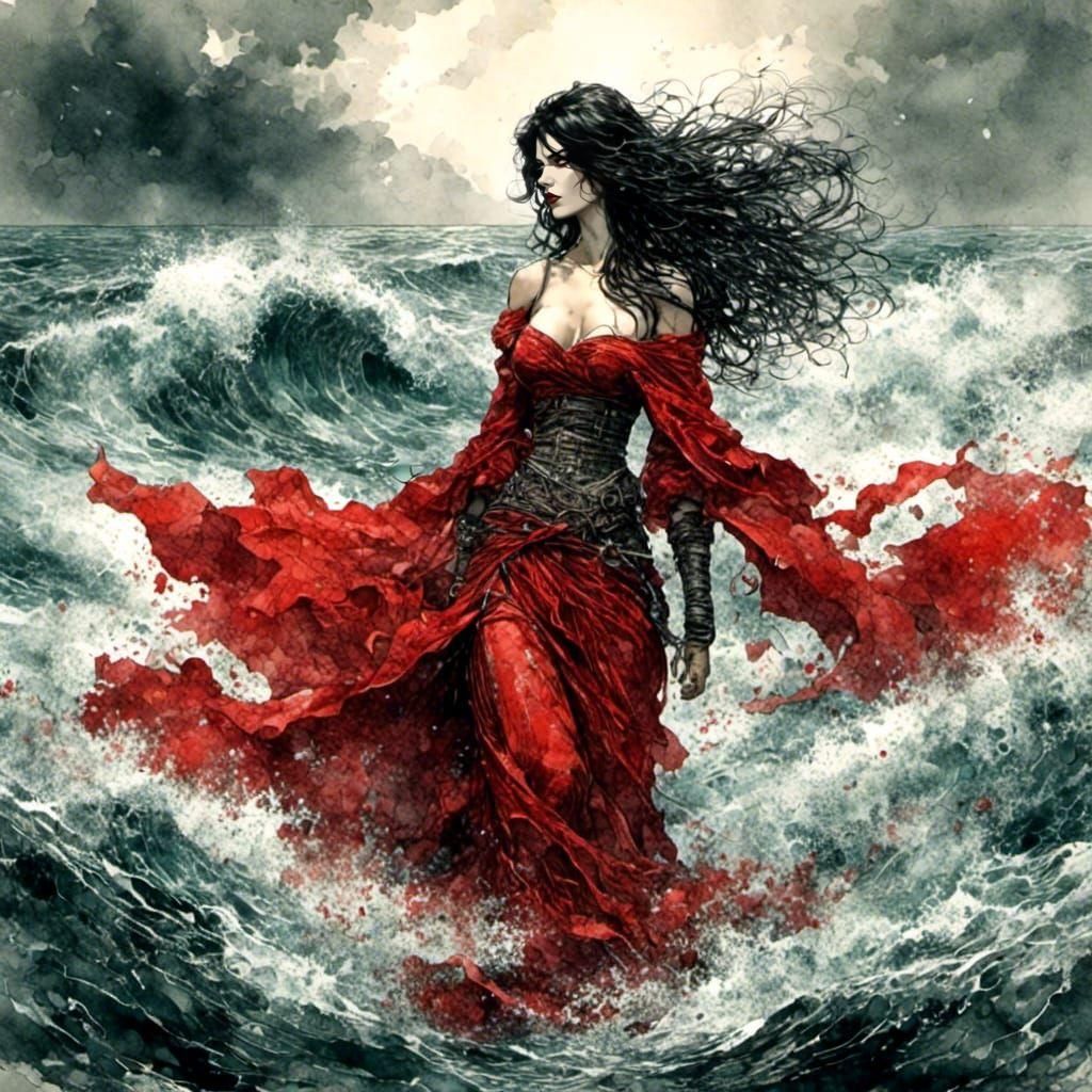 Valkyrie Overlooking a Turbulent Sea in Watercolor Style