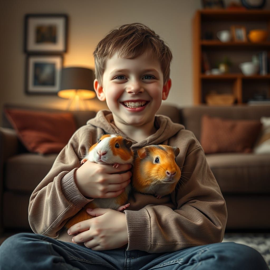 Boy Cradling Guinea Pig in Cozy Living Room