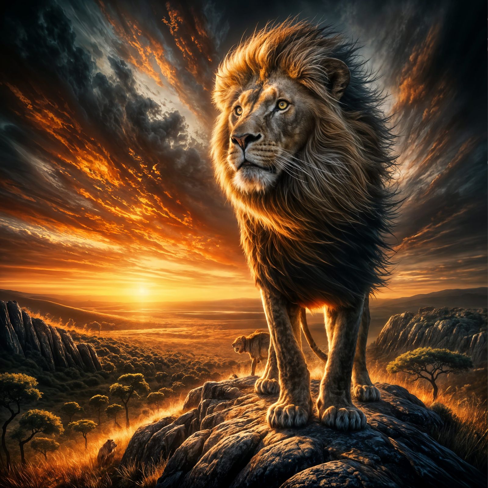 Majestic Lion on Outcrop at Sunset Oil Painting