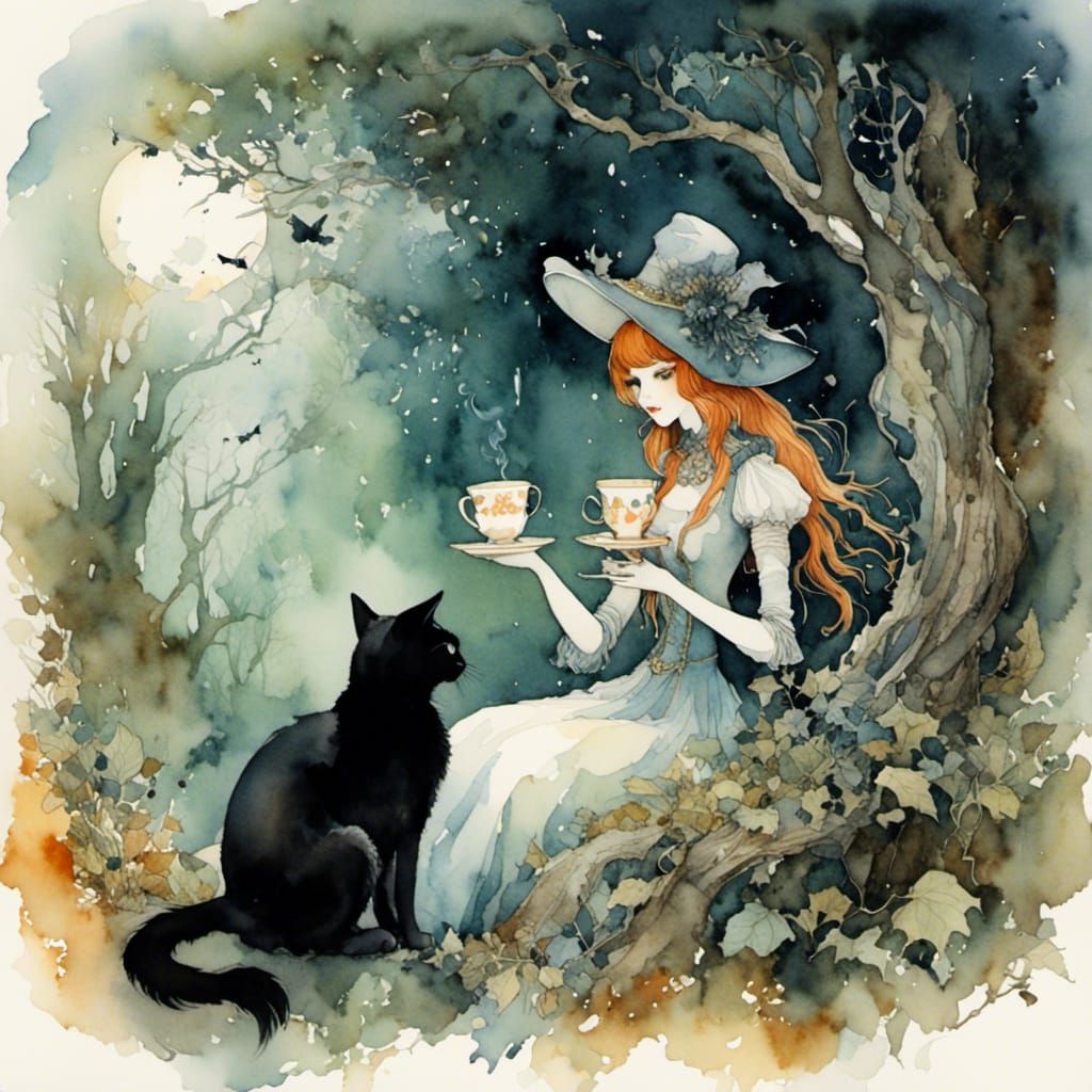 Witch and Cat Tea Party in Watercolor Forest