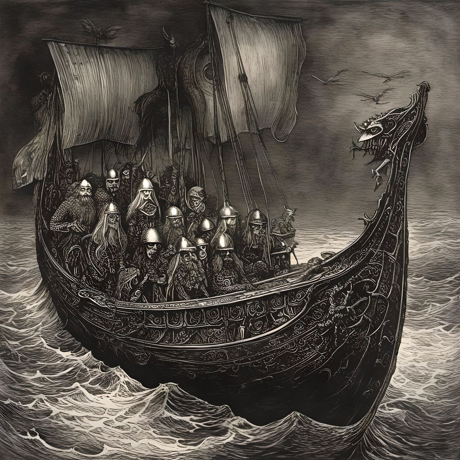 Viking Longboat in Giger Style at Sea