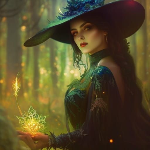 Ornate Summer Witch Portrait in Watercolor Style