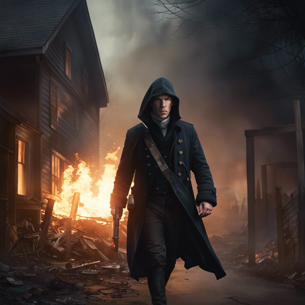 Revolutionary War Spy Leaving Burning House