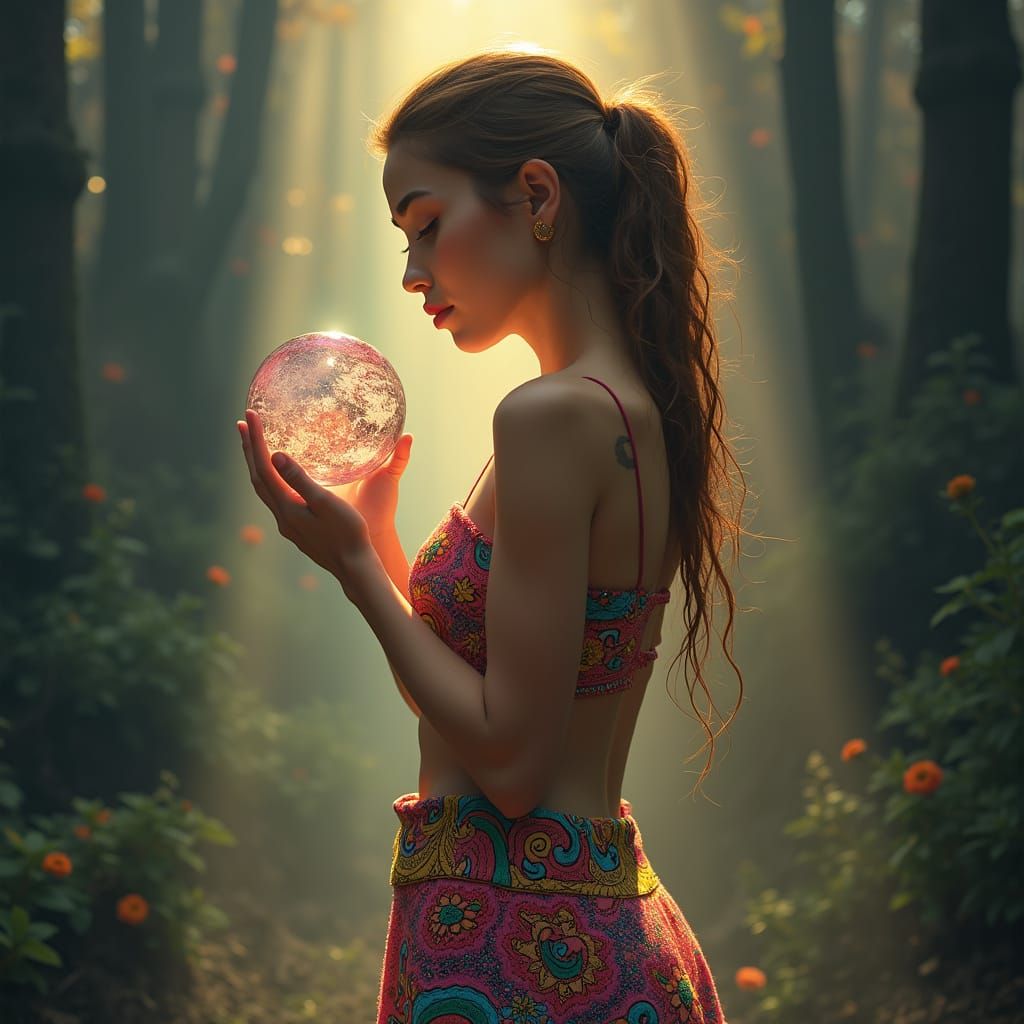 Psychedelic Woman Holding Glowing Earth: Digital Art
