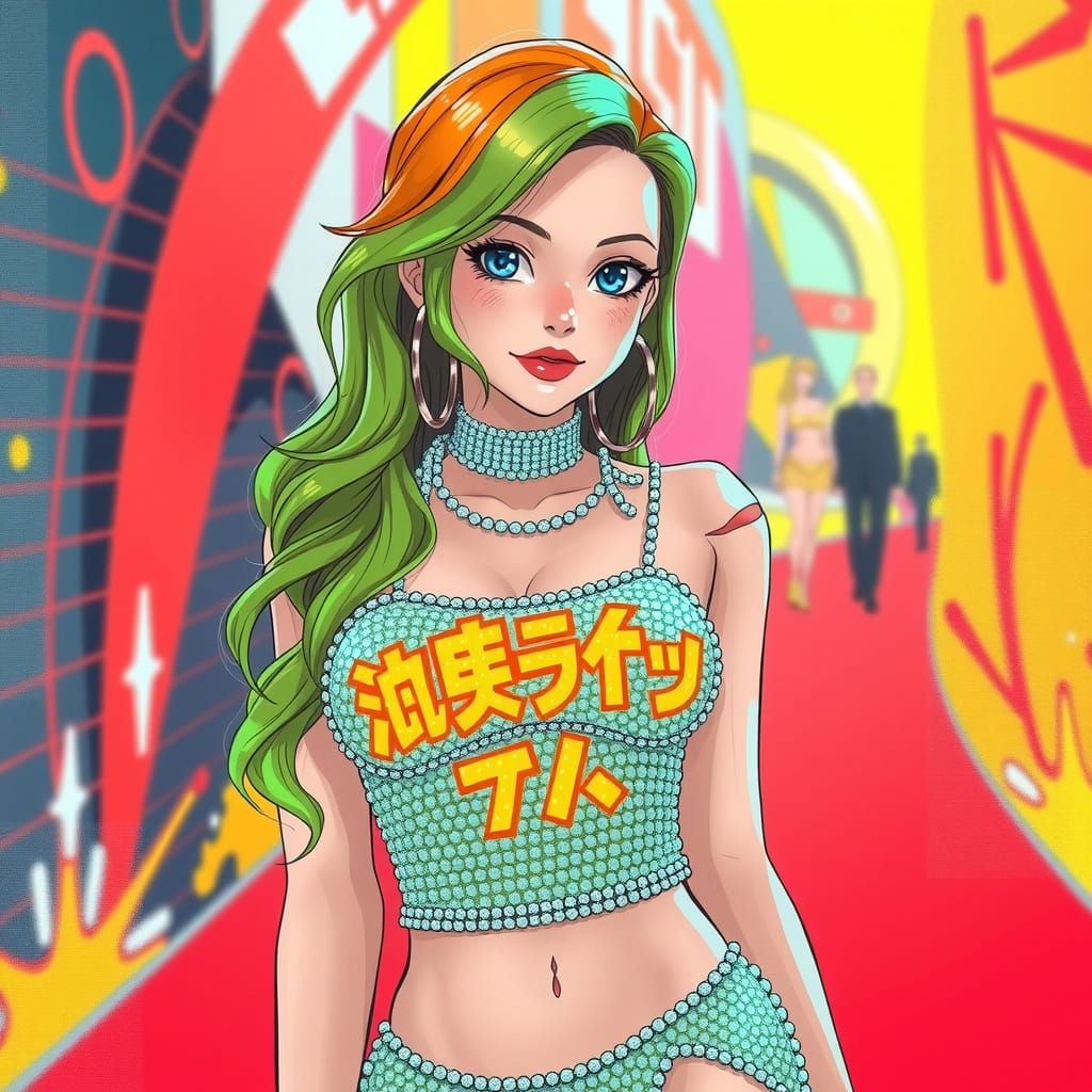 Futuristic Woman in Beaded Outfit with Anime Background