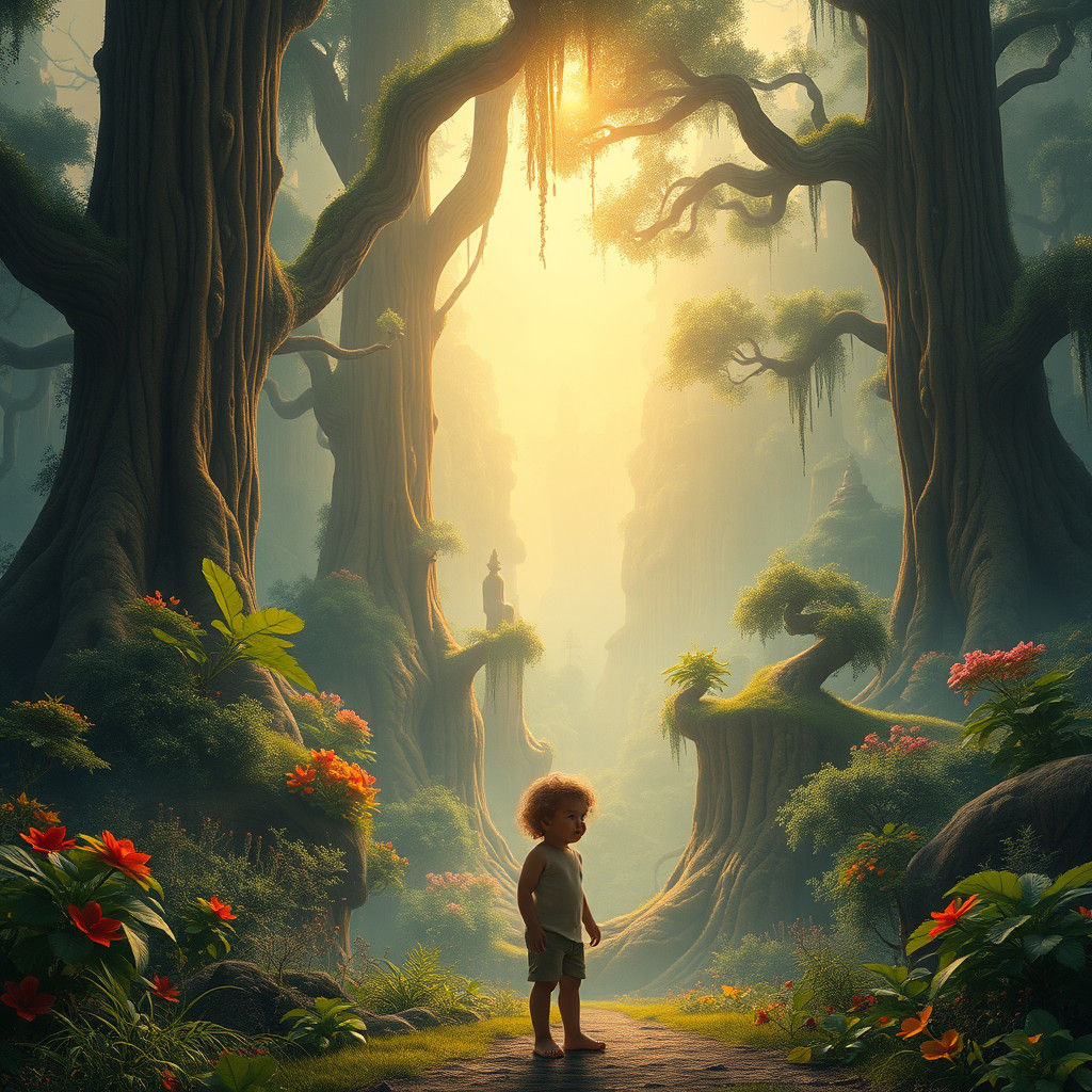 Mystical Child in Enchanted Forest, Matte Painting