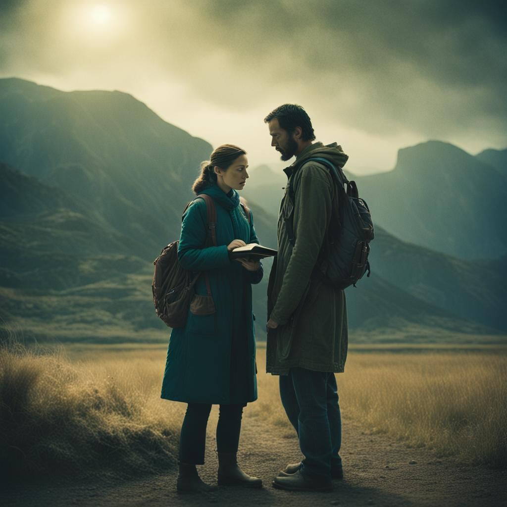 Cinematic Bible Study Scene with Man and Woman
