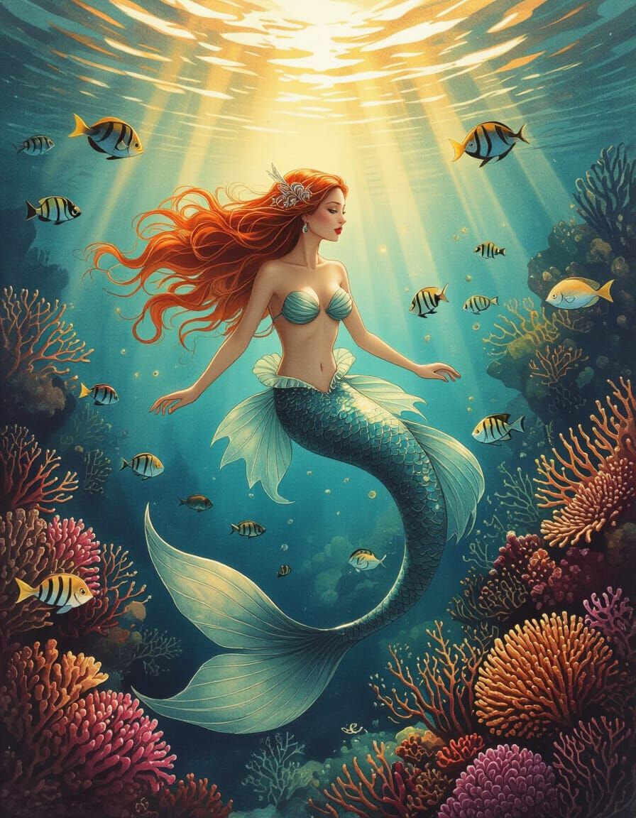 Mermaid in Coral Reef Fantasy Sketch Painting