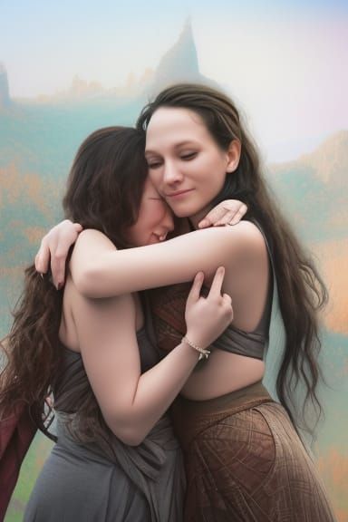 Loving Embrace: Detailed Matte Painting of Two Women