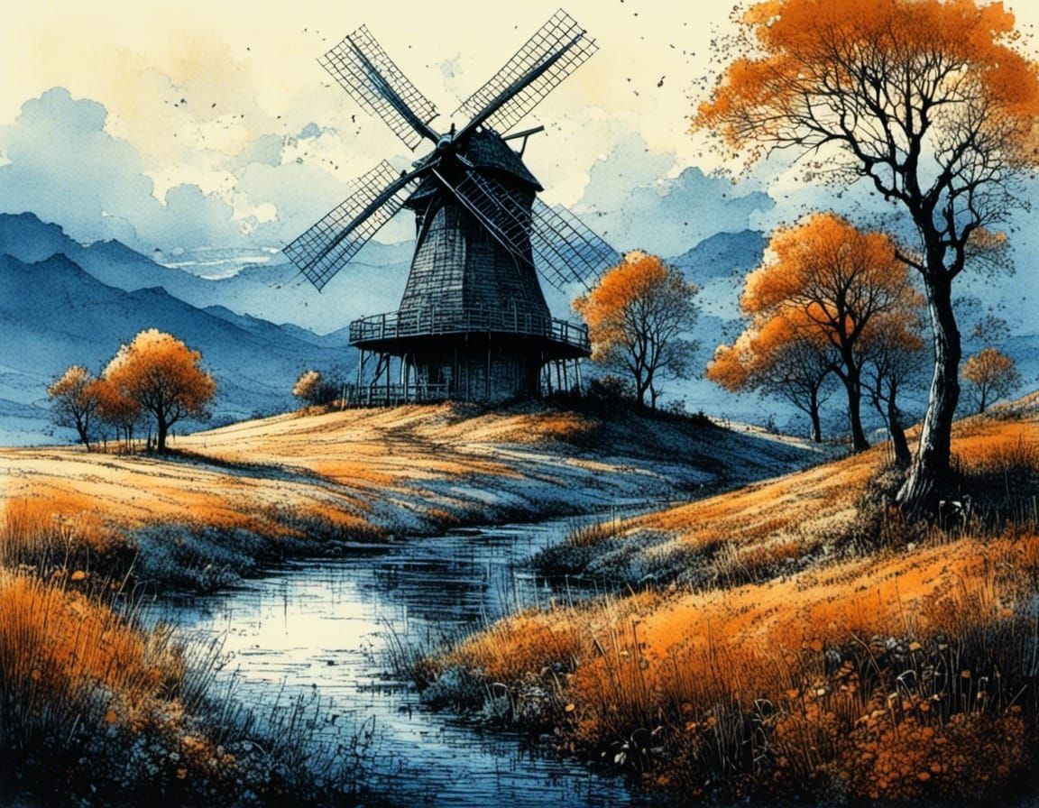 Autumn Windmill in Blue Ink Drawing Style