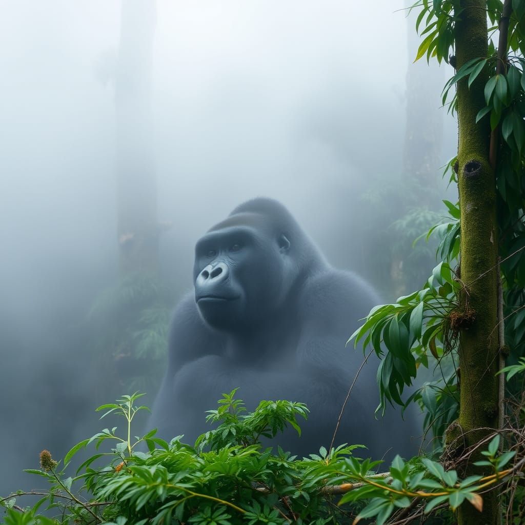 Silverback Gorilla in Misty African Rainforest