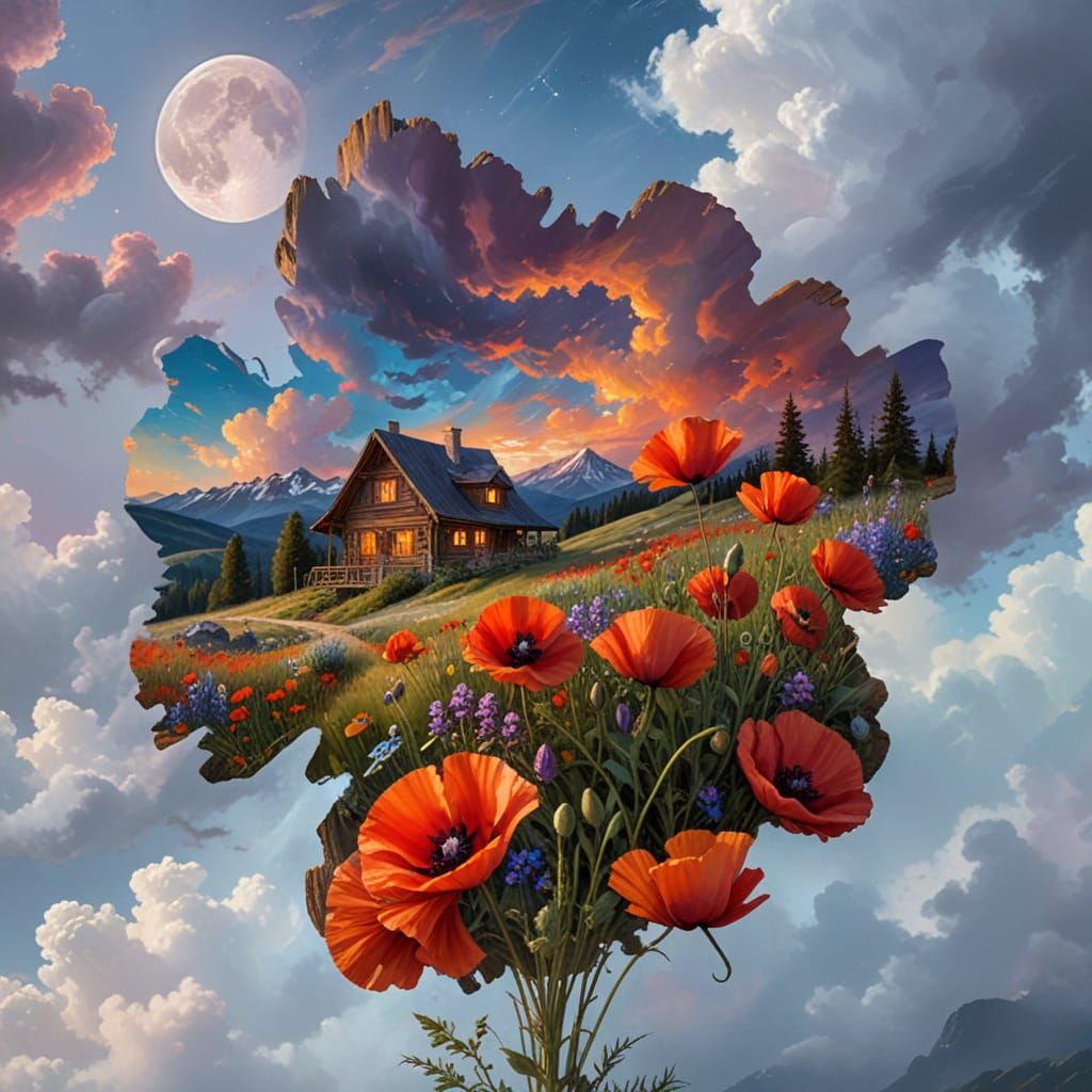 Mountain Retreat Under Vibrant Sunset and Starry Night