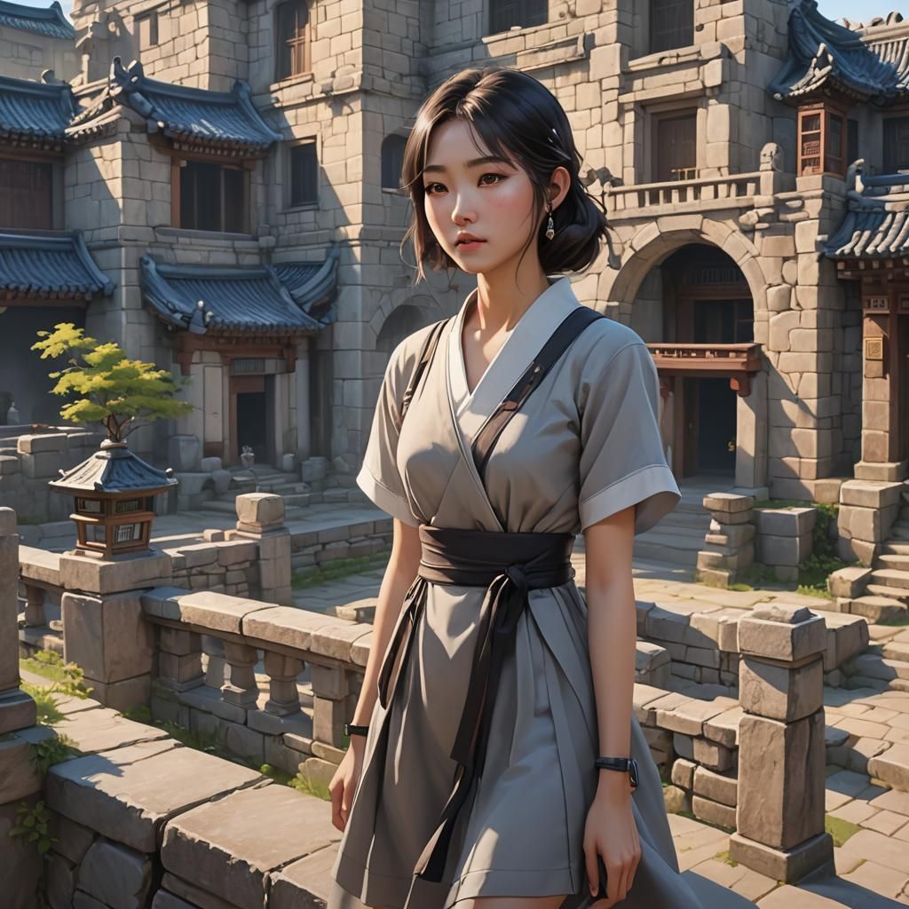 Korean Girl Exploring Landmark in 3D Anime Art