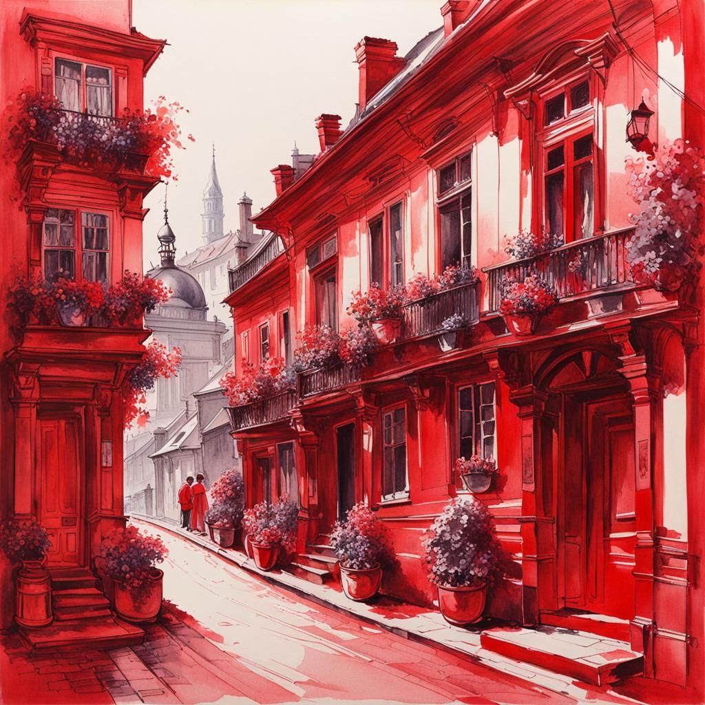 Cinnabar Red Idyllic Street: Monochromatic Masterpiece