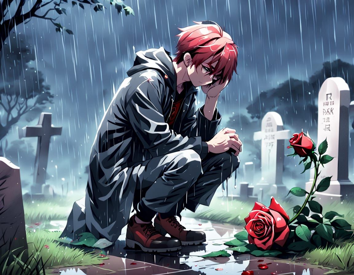 Manga-Style Teen Mourns in the Rain