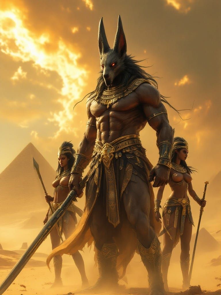 Anubis and Warriors in Desert, Cinematic Fantasy Style