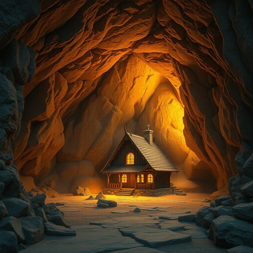 Majestic Ancient Cave with Cozy, Golden-Lit House