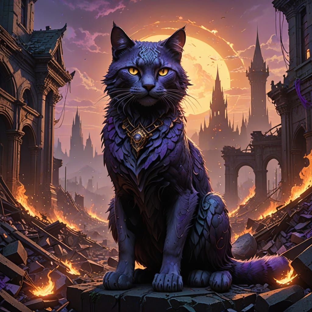 Cyberpunk Cat Stands Vigilant Amidst Ruins in Fiery Glory