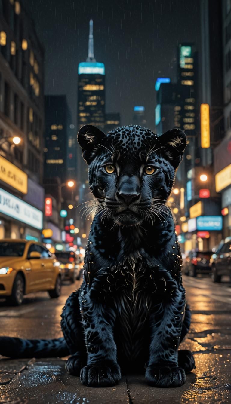 Newborn Black Jaguar in Metropolis, Photorealistic
