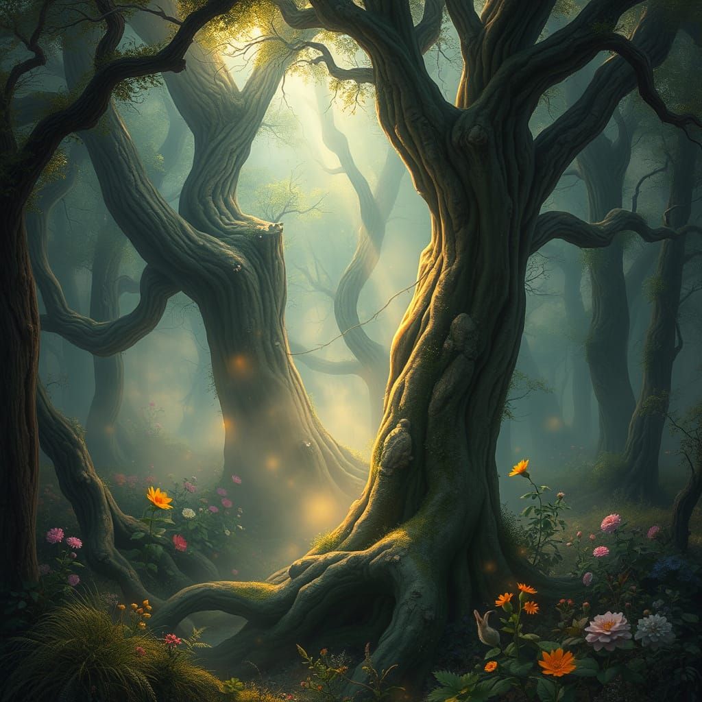 Dreamlike Forest Scene in Enchanted Whimsy