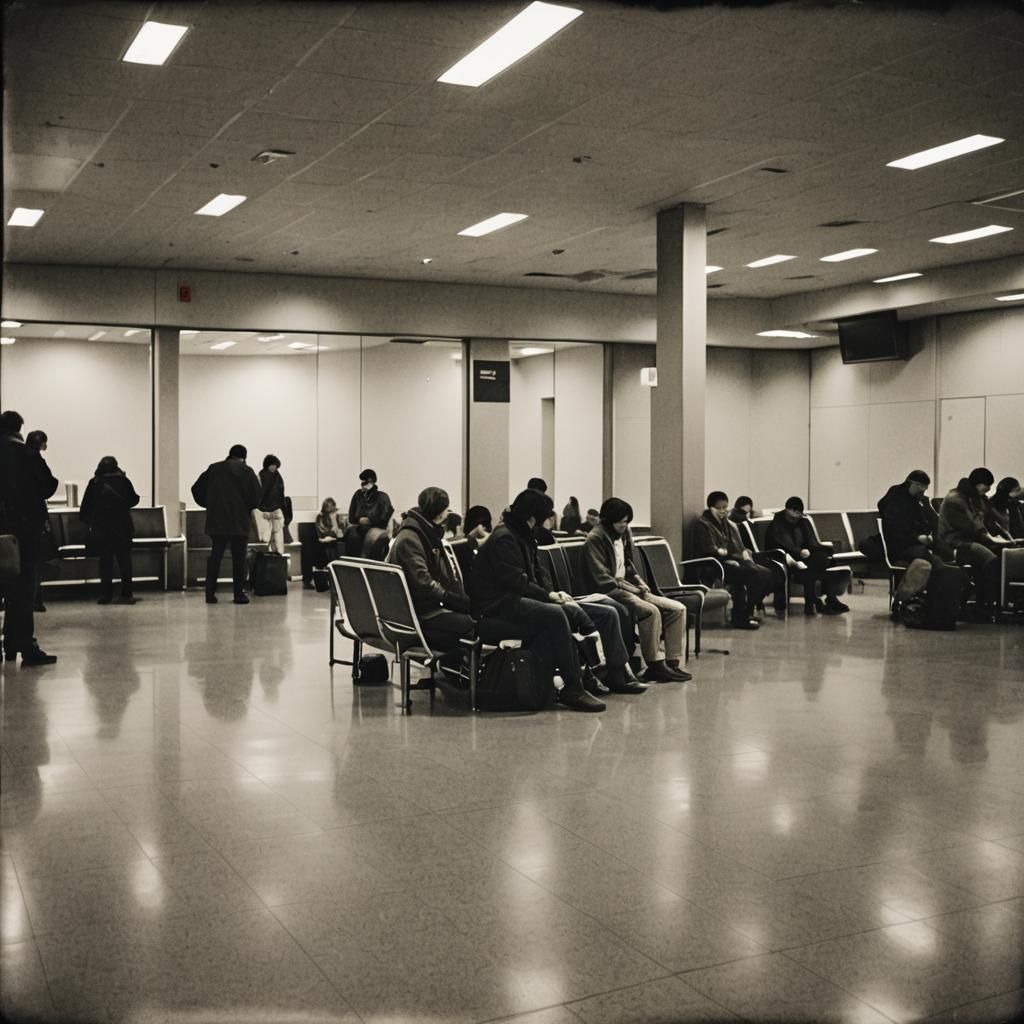 Airport Waiting Area in Gritty Lith Print Style