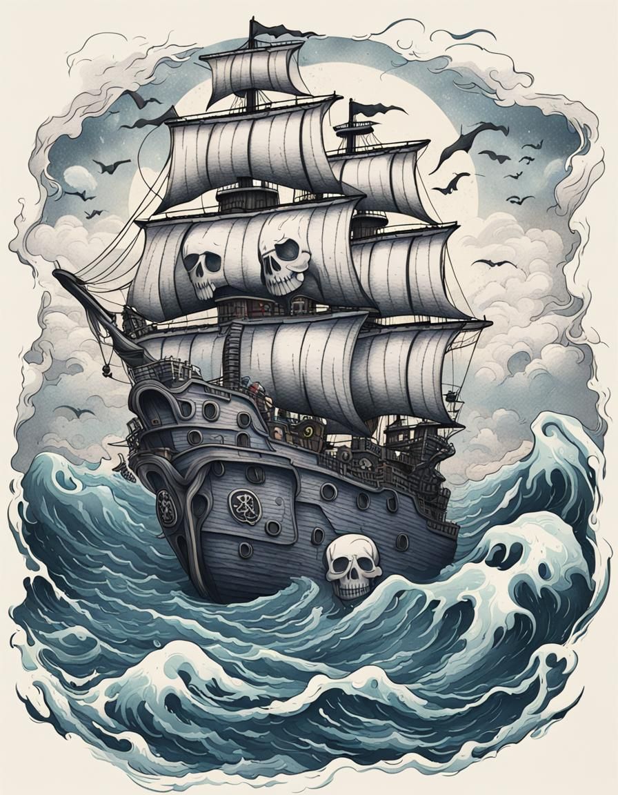 Pirate Skull Tattoo Design Over Ghost Ship