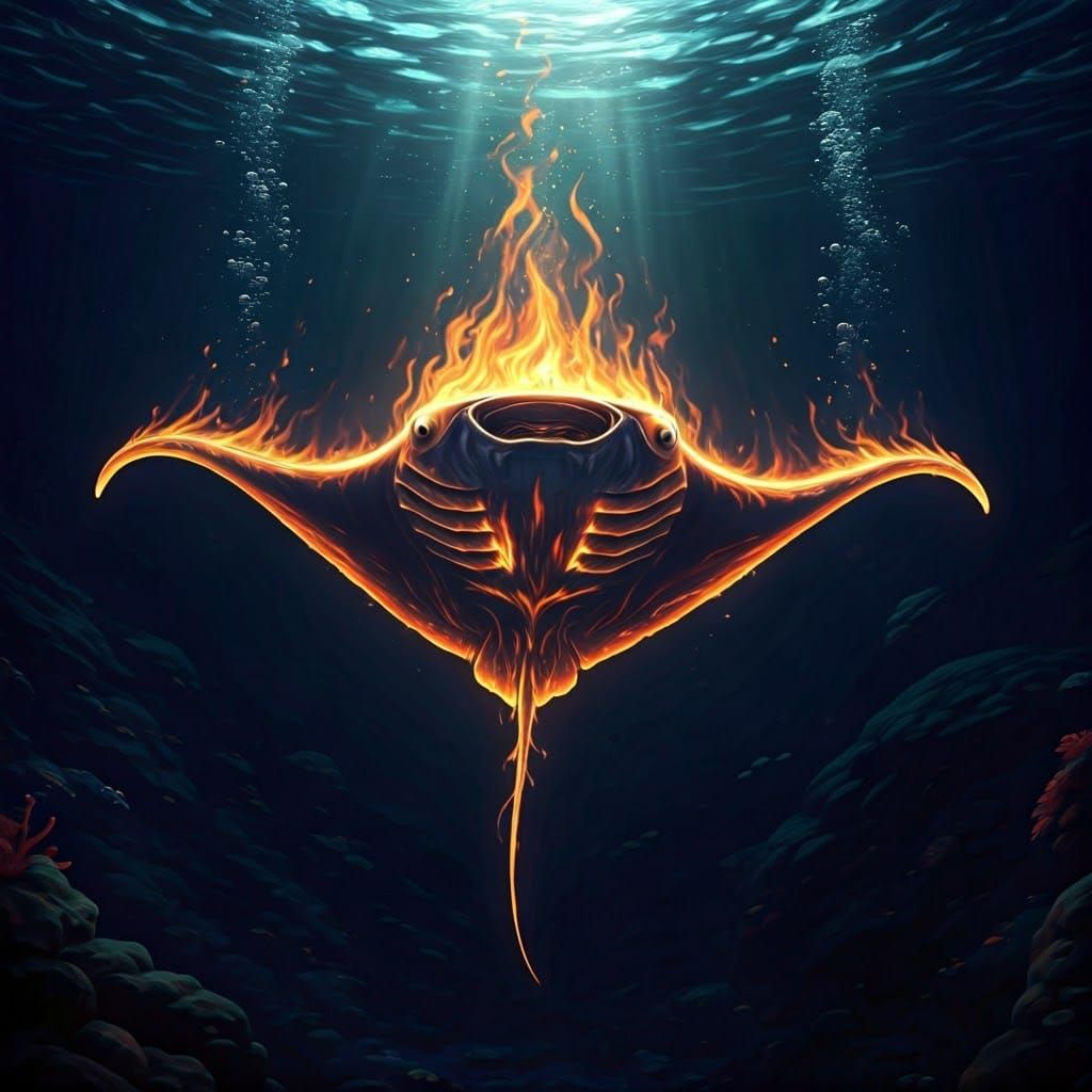 Flaming Manta Ray Swimming in Dark Waters