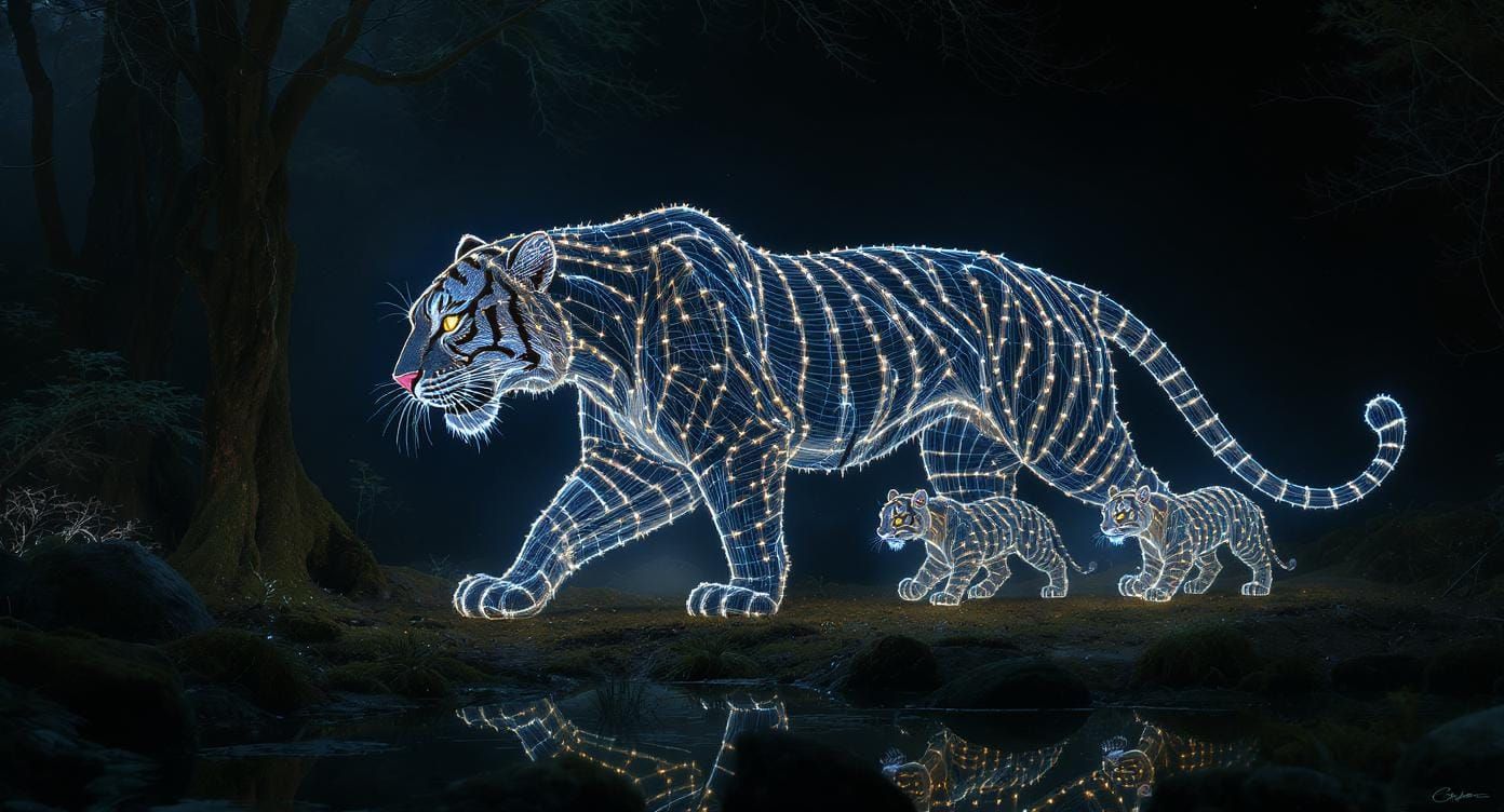 Glowing Thread Tiger Family in Mystical Forest