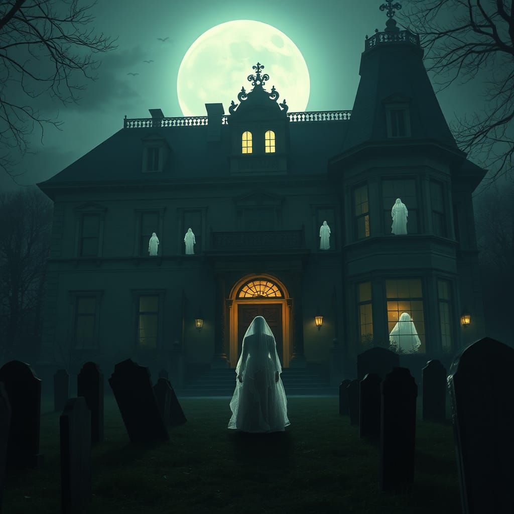 Ghostly Lady in Haunted Mansion Under Moonlight