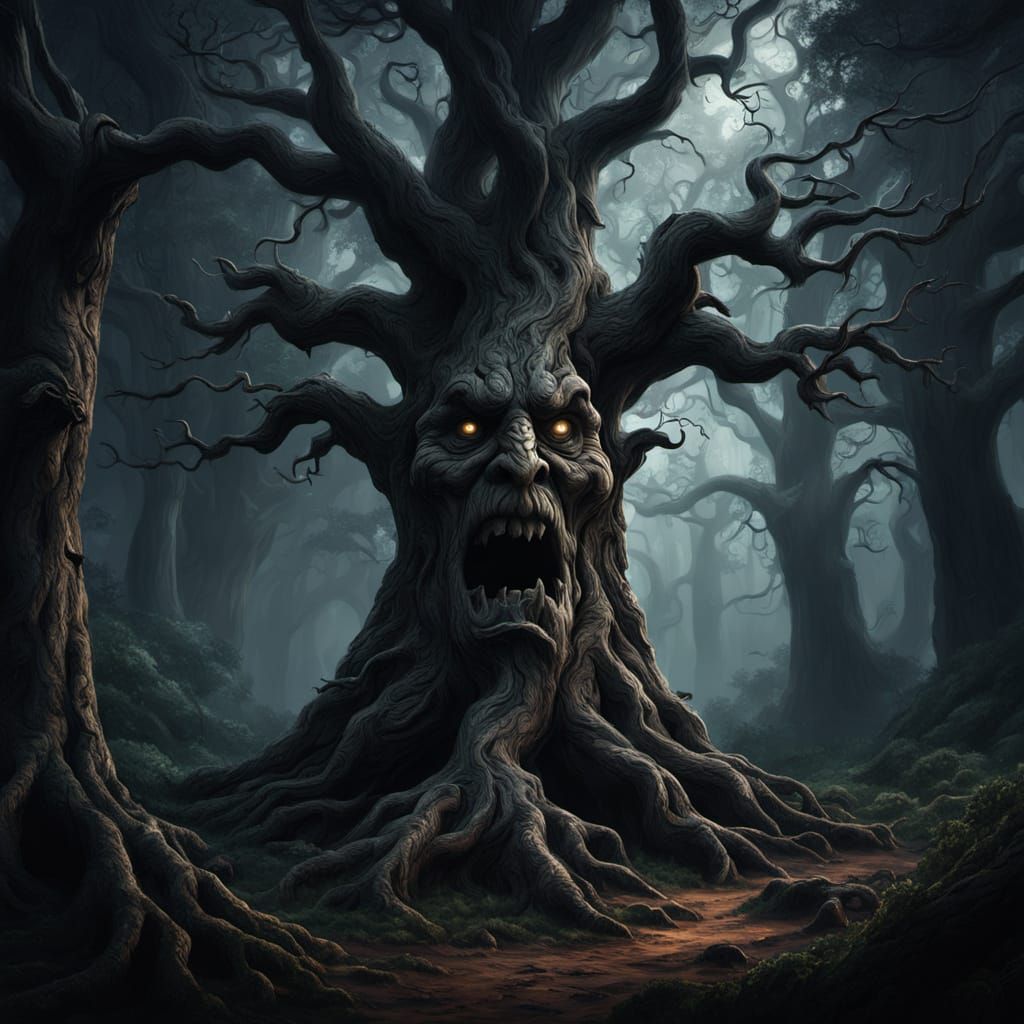 Gnarled Tree of Whispers in Haunted Fantasy Forest