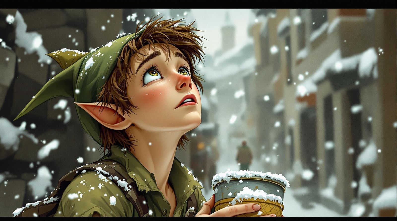 Surreal Portrait of a Lonely Peter Pan in a Winter Alley